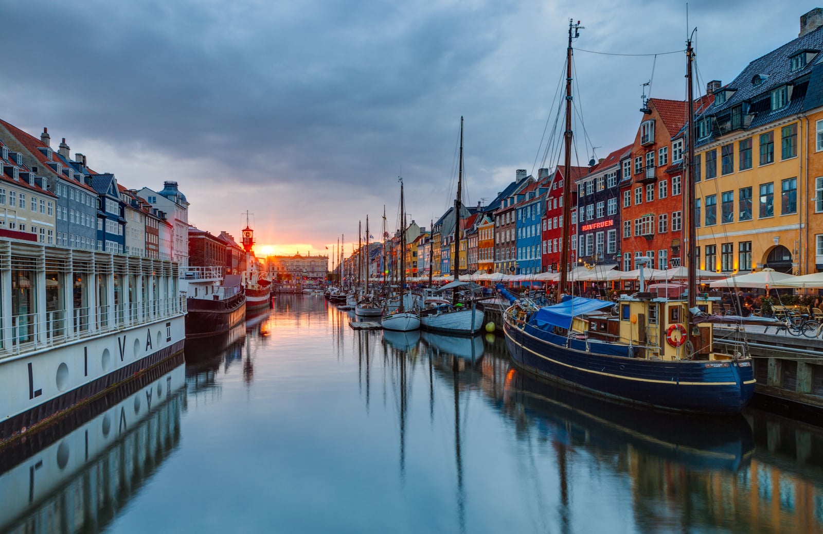 Nyhavn harbor in Copenhagen at sunset
