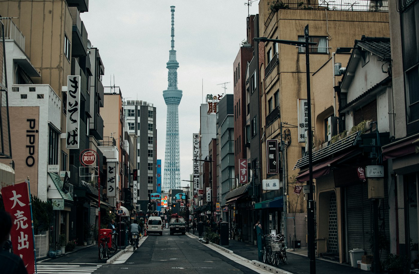 Tokyo Skytree seen from a city street