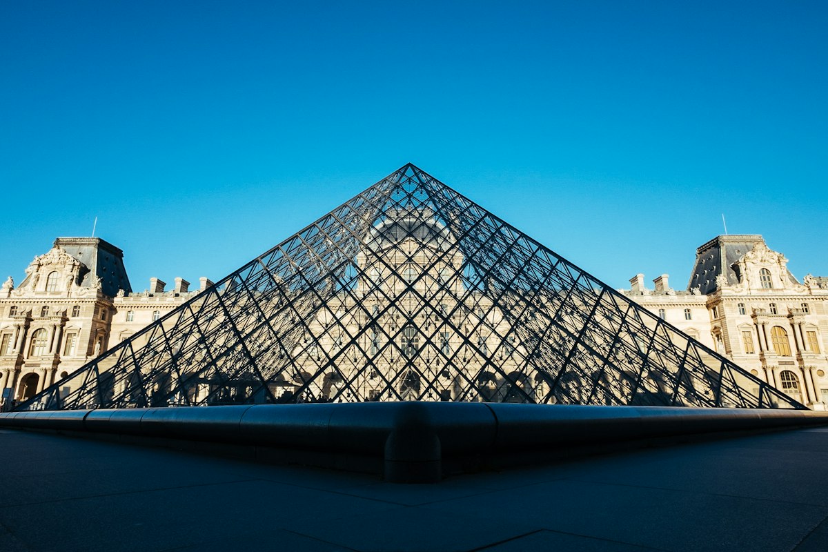 The glass pyramid entrance to the Louvre