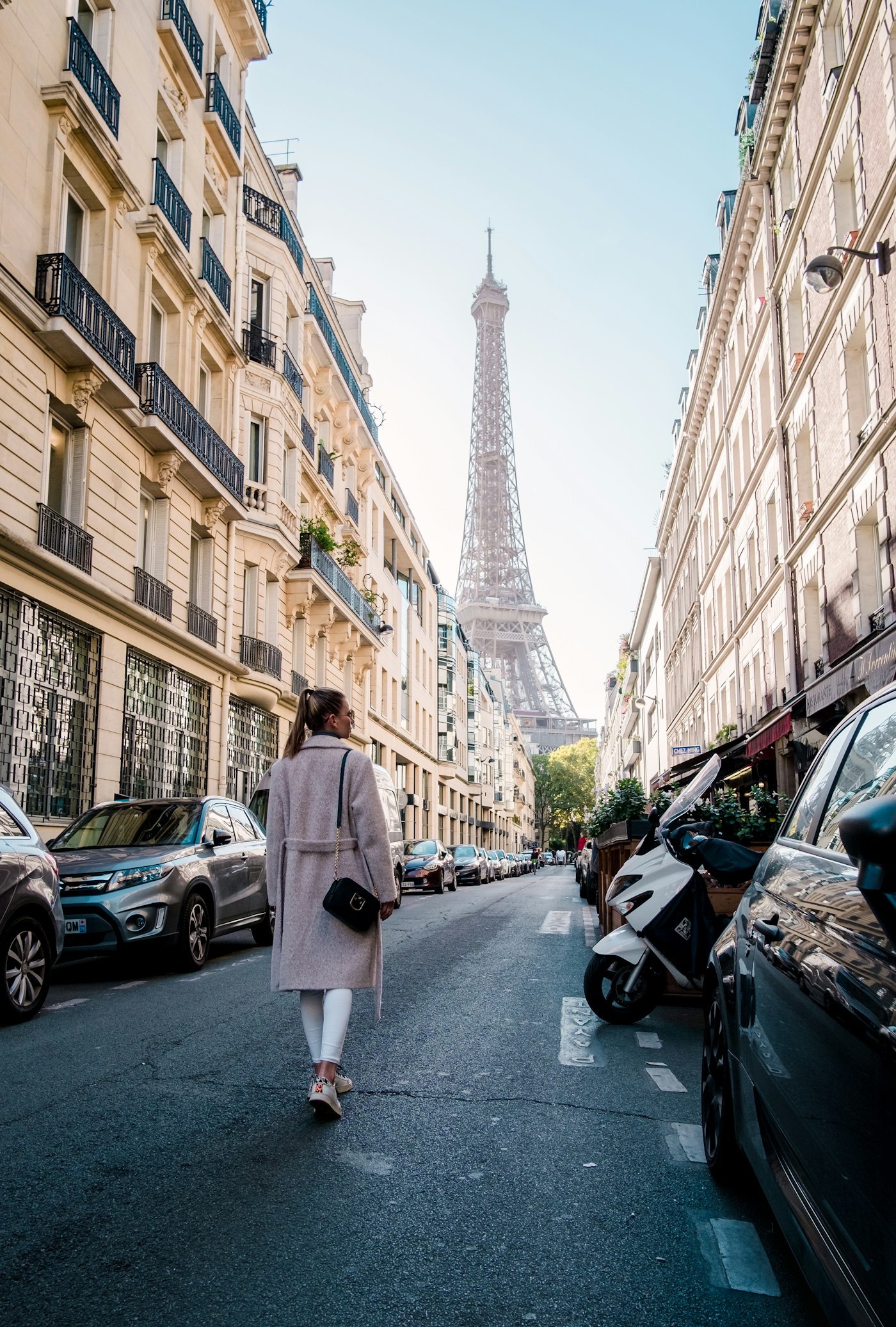A walk along a Paris street toward the Eiffel Tower
